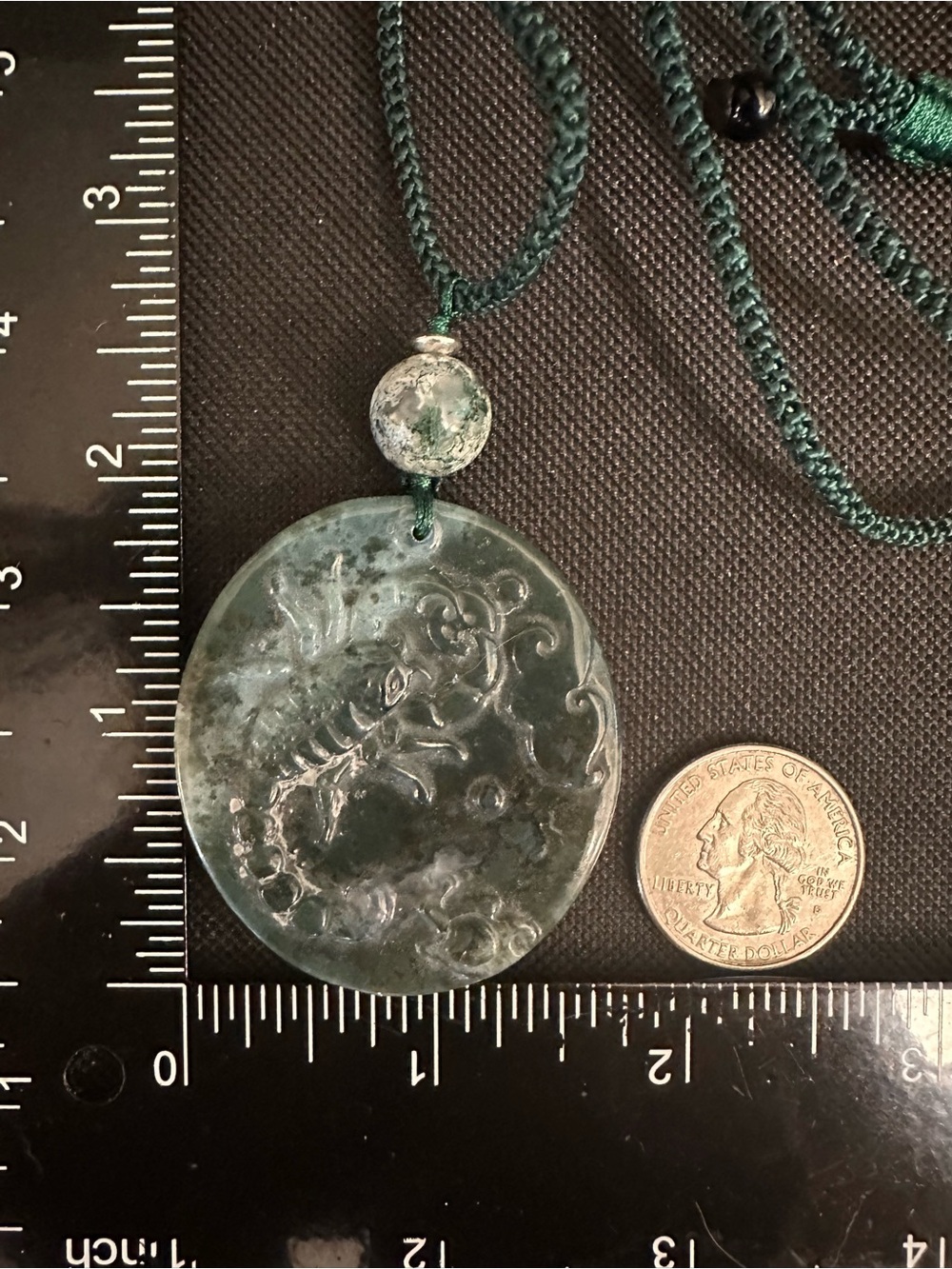 Moss Agate Scorpion Pendant Necklace on Green Rope - Picture 12 of 13